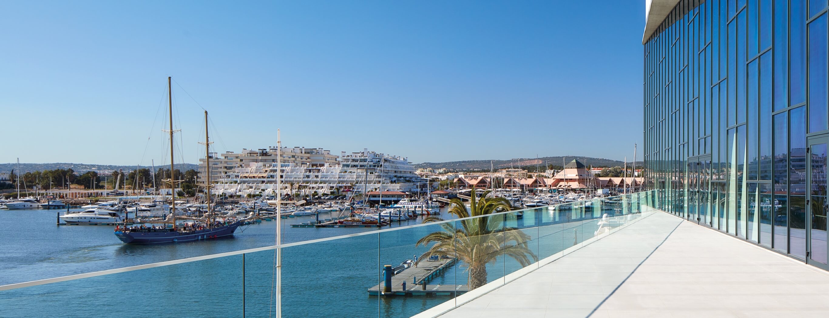The balcony of Algarve Congress Centre overlooking Vilamoura Marina, Algarve