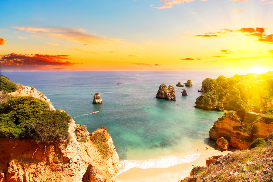 view over an Algarve beach with beautiful rocks