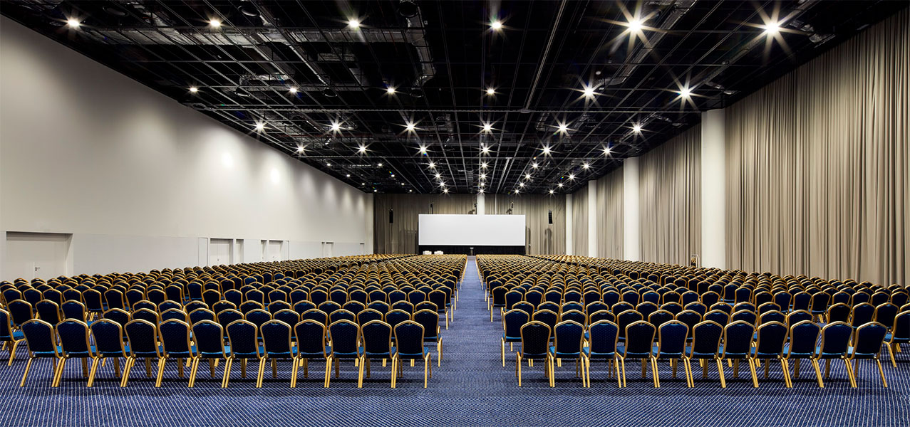 Meeting room in the Algarve Congress Centre prepared for a big conference with theatre layout